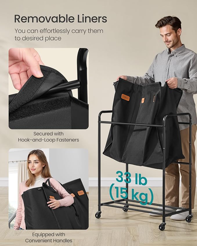 SONGMICS 3-Section Laundry Sorter, Laundry Hamper with Wheels, Rolling Clothes Hamper Cart with Large Capacity and Removable Bags, for Laundry Room, Bedroom, Bathroom, Ink Black URLS330B01 | Rolling Clothes Hamper Cart, Large Capacity, for Laundry Room... - Image 5