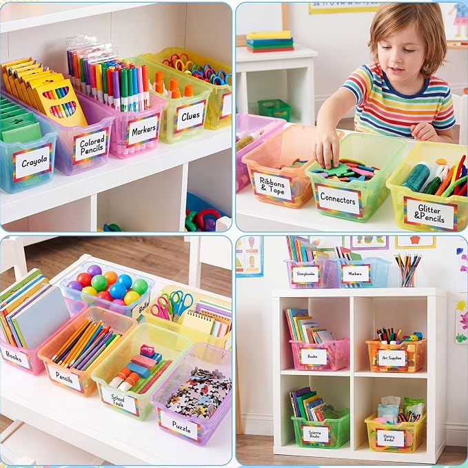 Funrous 24 Pack Plastic Cubby Bins for Classroom, Stackable Storage Bins with Rainbow Labels and Handles Cubby Organizer Containers for Teacher Supplies Home Office Daycare and Playroom (Bright) - Image 5