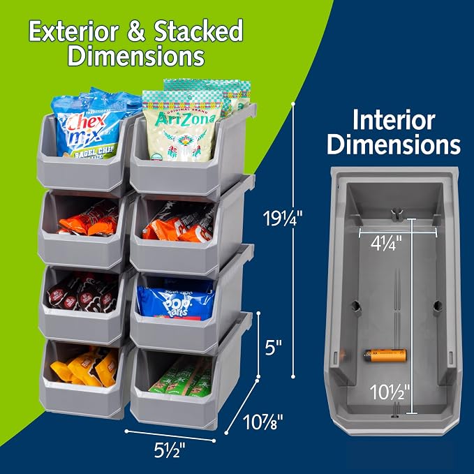 Medium Stackable Plastic Storage Bins, 8-Pack, Gray | Open-Front Stackable Bins For Garage, Pantry, Closet & Office, 11"L X 5,5"W X 5"H, Nests When Empty, Durable Plastic, - Image 3