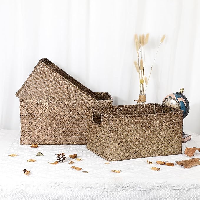 Hipiwe Wicker Storage Bin Handwoven Opened Baskets for Shelf Organizing | Rectangular Decorative Basket, Seagrass Closet Bedroom Organizer Bin Box Multipurpose Storage Basket with Handle - Image 6