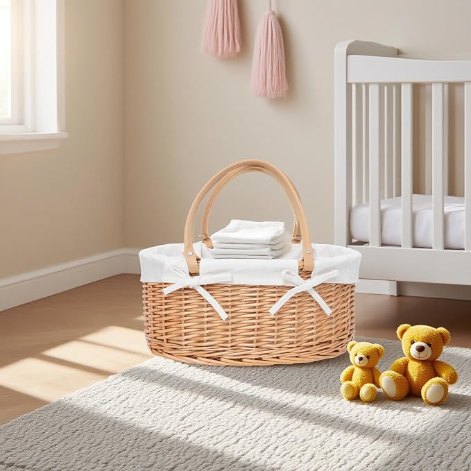 Wicker Diaper Caddy basket,Woven Baby Organizer for Nursery | Detachable Lining basket with PU Handles - Natural Woven Caddy for Newborn Bath, Closet & Registry Gifts - Image 2