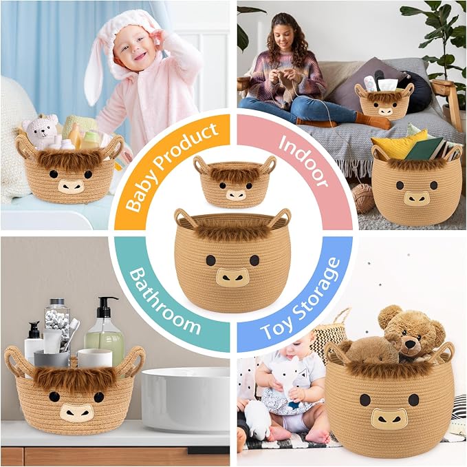Highland Cute Cow Basket Set for Nursery, Woven Storage Cotton Rope Basket, Baby Blanket 0rganizer with Ears Handles, Blanket Towel Decor Toy Clothes Gifts Storage Cat Dog Bin, Pack of 2 - Image 6