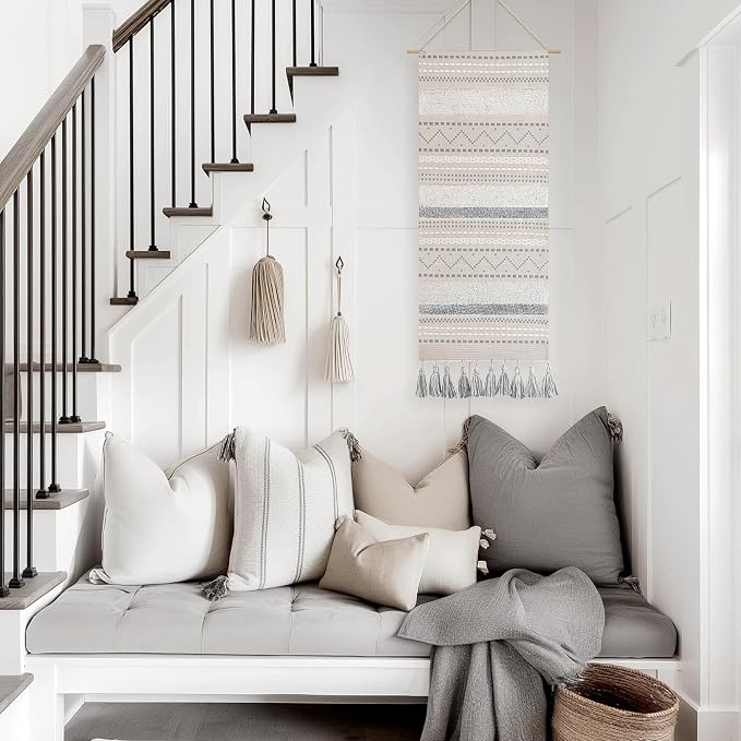 BlissBlush Long Vertical Wall Hanging Tapestry Woven Boho Farmhouse Decor Gray Cream Tassel Handmade Wall Art Decoration for Bedroom Living Room Dorm Nursery Apartment, 16x39 INCH - Image 4