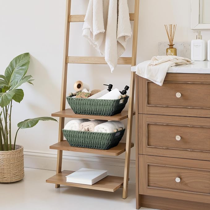 StorageWorks Wicker Storage Basket, Baskets for Storage, Bosana Green | Wicker Storage Baskets for Shelves, Baskets with Wooden Handles, 2-Pack Gifts Basket for Home Decor, Hand-Woven Basket - Image 2