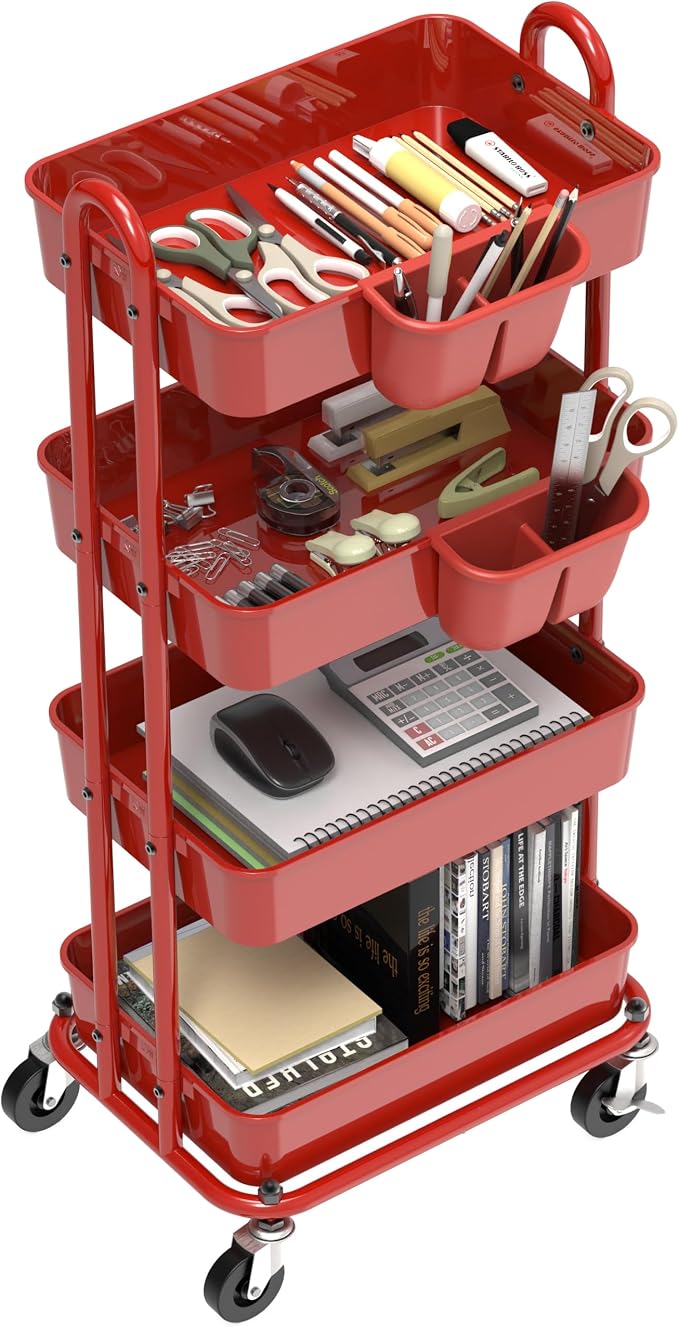 Simple Houseware 4-Tier Rolling Utility Cart with Hanging Bucket, Red | Storage for Bathroom, Kitchen, Office, Study Room, Nursery Diaper - Image 2