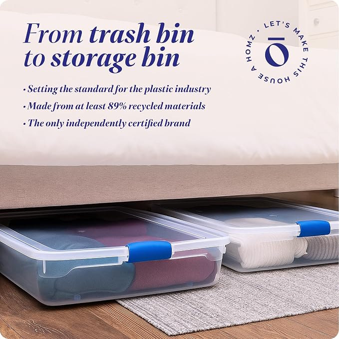 HOMZ 2-Pack Under Bed Storage, Clear Plastic Containers with Lids, 56 Quart, Blue Latch - Stackable Underbed Organizer Bins for Shoes, Bags, Clothes, and Towels - Image 7