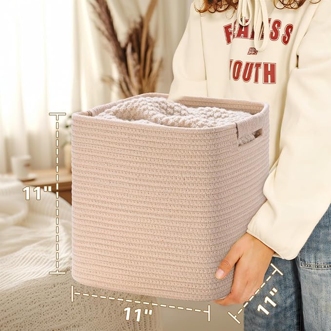 11 Inch Storage Cubes, 3 Pack Cube Storage Bins for Organizing, Cotton Rope Woven Baskets for Shelves, Bathroom, Kids Room, Closets, Baby Nursery - Image 5