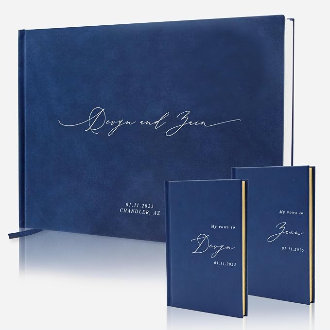 Personalized Wedding Book Set with Guestbook Vow Books (Design 1) - Custom Large 11.5 x 8.5 Guest Signin Book, 5.75 x 4 Vow Books for Marriage Ceremony Reception, Gift for Newly Engaged Couple, Navy by ModernAlbumDesigns