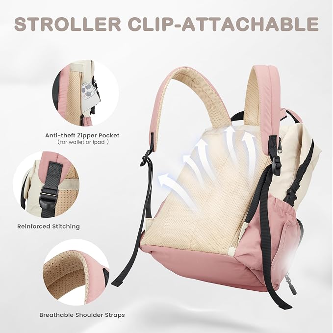 VONAL Diaper Bag Backpack, Lightweight Baby Diaper Bags, Travel Large Diaper Bag with Changing Station, Pink Diaper Backpack for Boys Girls Newborn with Insulated Pockets, Stroller Straps - Image 5
