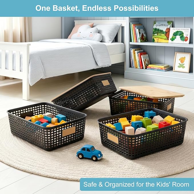 4 Pack Plastic Storage Bins with Bamboo Lids, 6.2qt Stackable Storage Organizer Box with Lable for Pantry Shelves Drawers Desktop Office, 12"L x 8.3"W x 3.5"H, Black - Image 4