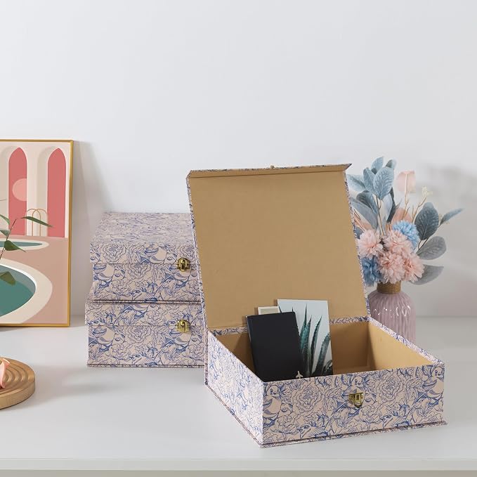 Soul & Lane - Blue Floral Storage Boxes with Gold Hardware, Set of 3 | Keepsake Trunk Style Storage Boxes with Lids for Home Decor and Organizing, Cute White Vintage Wedding Memory Chests - Image 5