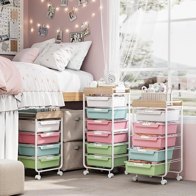 SYKIARIOL Rolling Storage Utility Cart with 5 Drawers,Colorful | Craft Cart with Wheels,Makeup Organizer,Art Supply And Storage Wooden Tabletop - Image 7