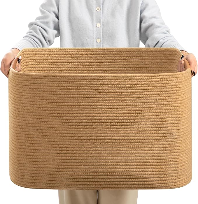 Large Blanket Basket for Living Room, 72 L Woven Cotton Rope Baskets for Kids Toy, Pillows, Towels, Cotton Organizing with leather handle, Storage Bin for Nursery, 22’’*17’’*11.8’’ Jute by danpinera