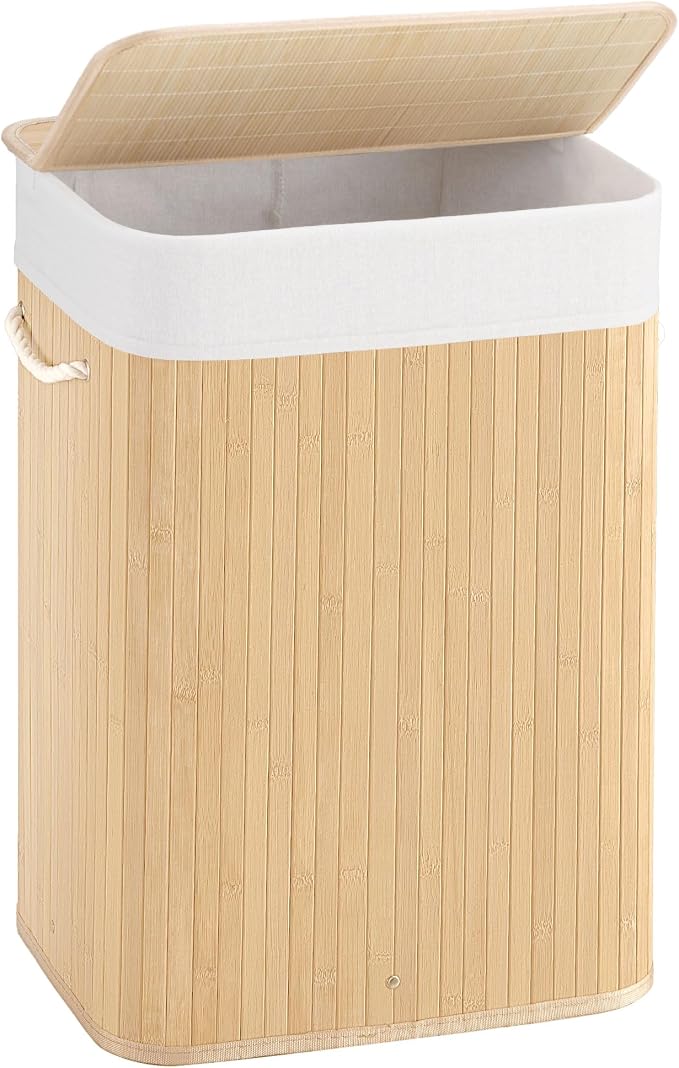 Aliphon 72L Slim Laundry Hamper with Lid, Foldable Bamboo Clothes Laundry Basket with Handles, Removable and Machine Washable Liner, for Bedroom, Bathroom, Dorm, Natural Beige by Aliphonbyningge_ysHOME