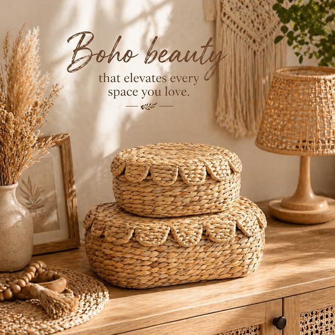 LUSYDECO Set of 2 Wicker Storage Baskets with Lid, Rattan Basket Decorative Boxes, Woven Storage Box Hyacinth Basket with Lids, Small Scalloped Edge Wicker Baskets with Lids - Image 3