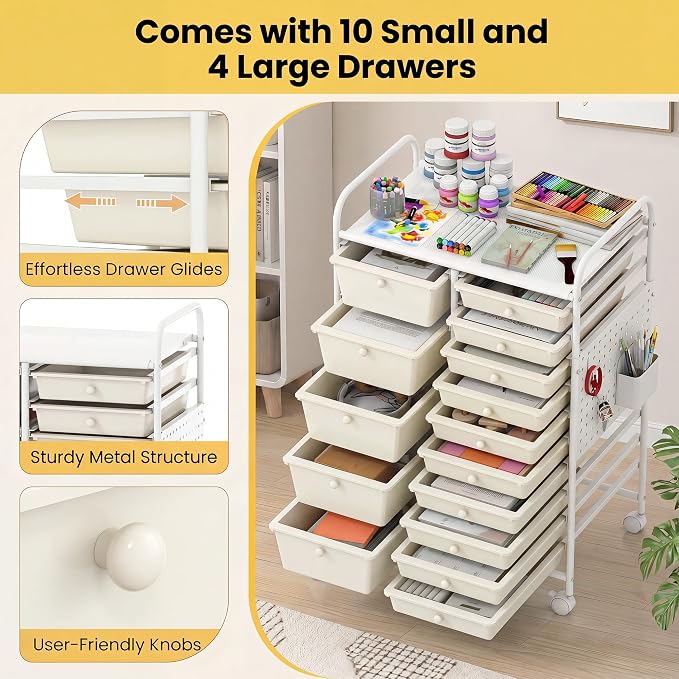 DREAMADE 15-Drawer Rolling Storage Cart, Craft Organizer Cart, White | Mobile Utility Cart with Metal Pegboard Panels, Tabletop and Lockable Wheels for Classroom, Office, Studio and Playroom - Image 4