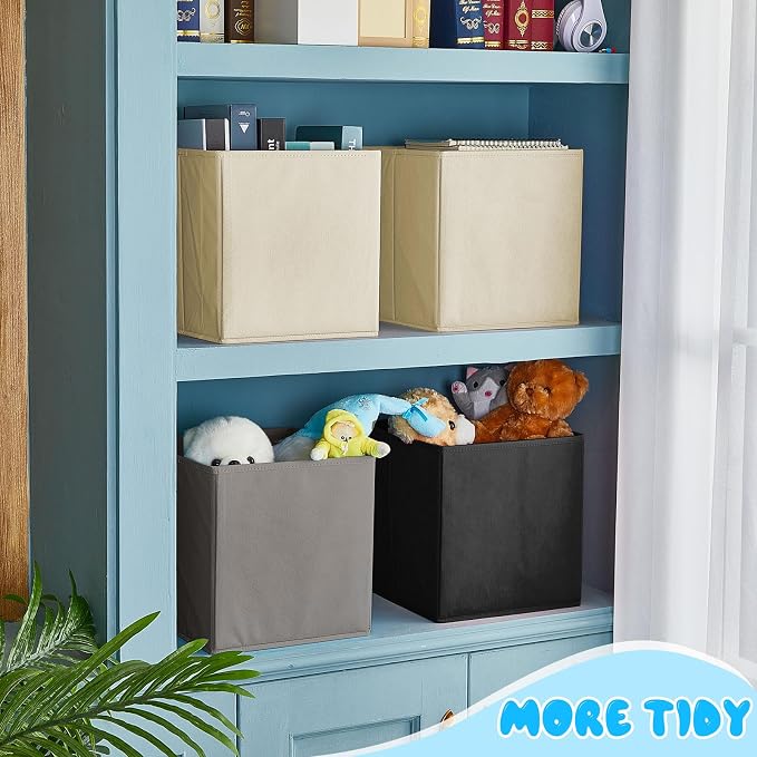 Yinder 12 Pcs Cube Storage Bin Grey 10.5''x10.5''x11'' Black Beige Storage Bins for Playroom Decor Colorful Bins for Kids Foldable Baskets for Nursery Organizer Boxes Fabric Boxes - Image 7