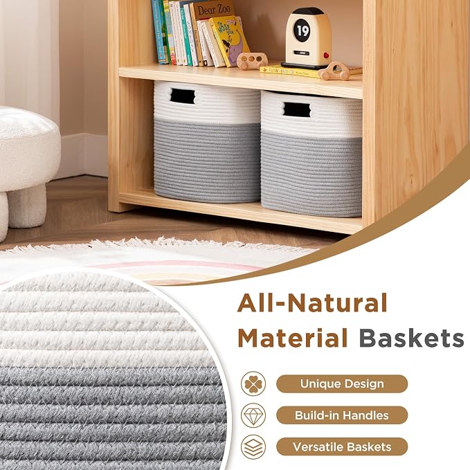 UBBCARE Set of 4 Storage Basket-13 X 13 X 13 in, Cotton Rope Basket for Shelves, Toys, Book, Cube Storage Bins with Handles, Woven Storage Basket for Organizing, White/Grey - Image 3