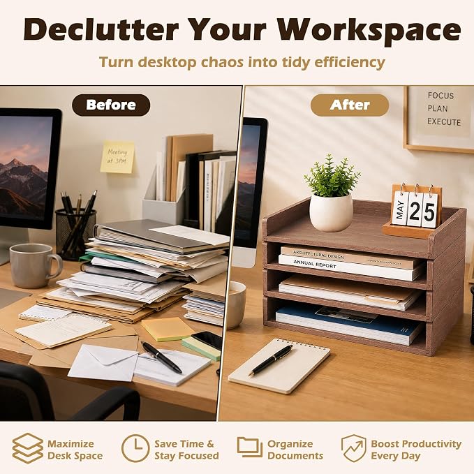 4 Pack Stackable Paper Tray, Wooden Paper Tray Organizer with Letter Tray, Paper Holder for Desk, Desktop File Storage Rack for Study, Home and Office (Walnut) - Image 5