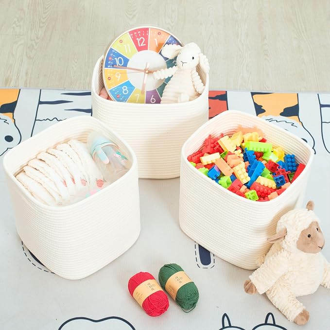 3-Pack 11x11in Woven Cube Storage Bin and Shelf Baskets, Cute Decorative Square Organizer for Closet, Classroom, Bathroom, Dog and Cat Toys, and Books, Creamy White - Image 5