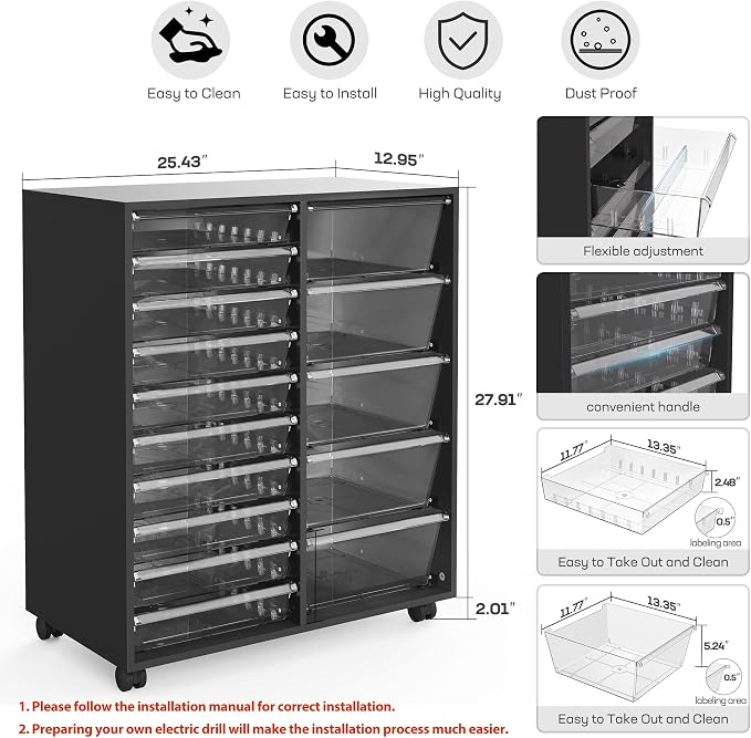 Mobile Storage Cabinet with 15 Clear Drawers, Modern Black | Craft Cabinet with 5 Large Drawers, Cart with Wooden Tabletop, Printer Stand Home Office, Dresser Chest - Image 3