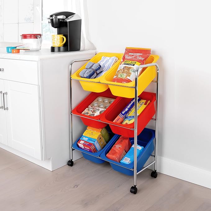 Seville Classics Rolling Utility Organizer Storage Cart, for Home Office, School, Classroom, Scrapbook, Hobby, Craft, 6-Bin, Multicolor - Image 6