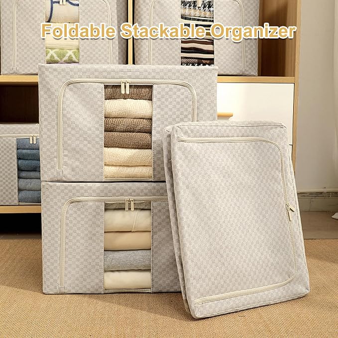 3 Pack Clothes Storage Bins with Metal Frame,Foldable Storage Bin with Lid for Clothes,Stackable Cotton Linen Fabric Organizer Set with Carrying Handles and Clear Window(Grey Checkered, 66L) - Image 7