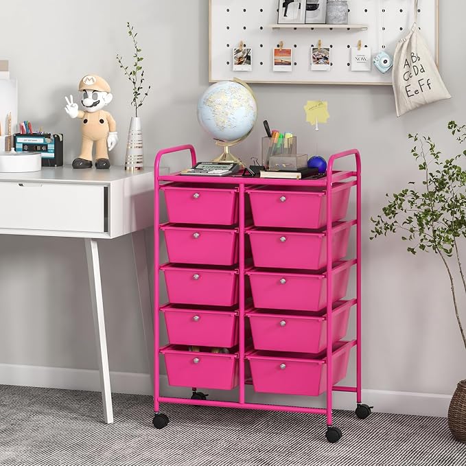 COSTWAY 10 Drawer Rolling Storage Cart, Utility Cart with Lockable Wheels | Mobile Art Supply Craft Organizer with Metal Frame, Multipurpose Drawer Cart for Paper for Office, School, Hot Pink - Image 2