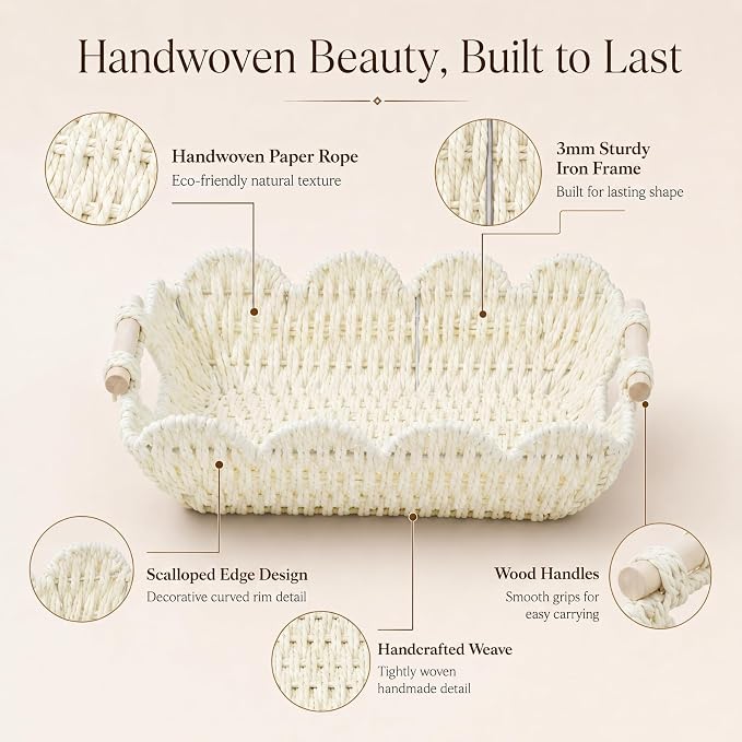 Coeusy Scalloped Basket, Paper Rope Basket for Gifts with Handles, Cute Storage Basket for Display,Decorative,Shelves,Snack,2 Pack, White - Image 5