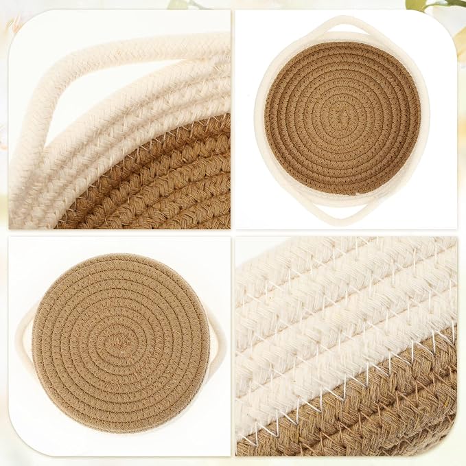 10 Pieces Woven Cotton Rope Basket Shelf Closet Organizer Bins Round Key Bowl for Entryway Table Shallow Montessori Baskets Key Tray for Home Decor Nursery Shelving Storage Organizing, 5 Sizes(Brown) - Image 3