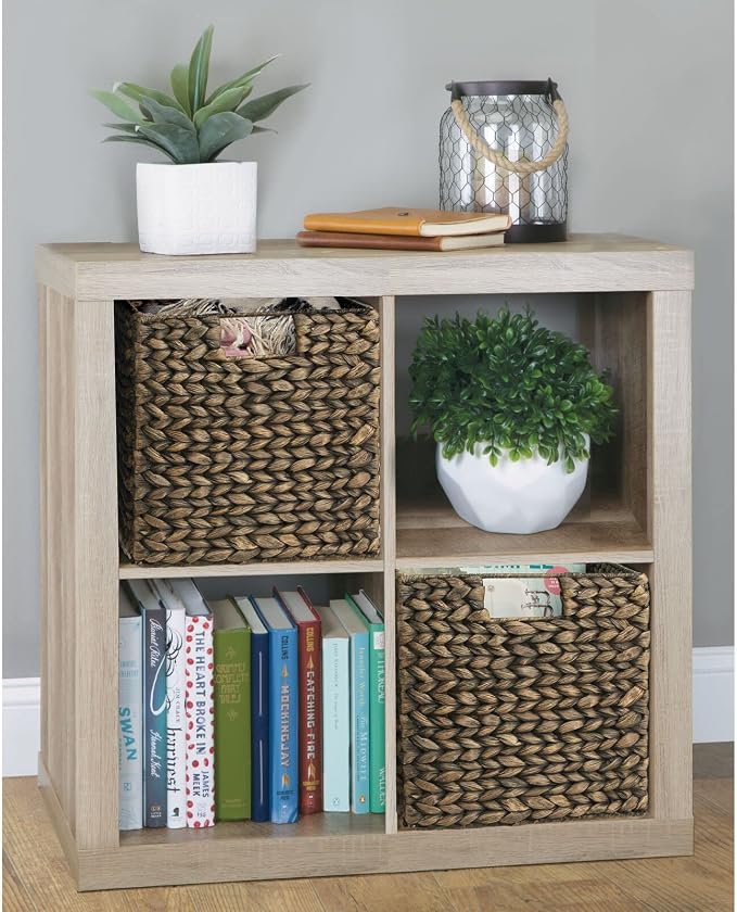 mDesign Natural Woven Hyacinth Cube Organizer Basket with Handles, Storage for Bathroom, Laundry Room Shelf or Nursery - Perfect for Cubby Storage Units - Hold Blankets and Books - 2 Pack, Black Wash - Image 3