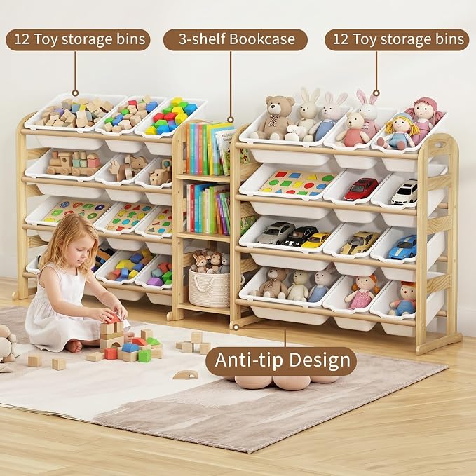 Large Wooden Toy Storage Organizer, 62" W White 3-Shelf Bookcase/Bookshelf with 24 Toy Bins, Large Toy Organizers and Storage, Toy Box for Playrooms, Bedrooms Organization - Image 7