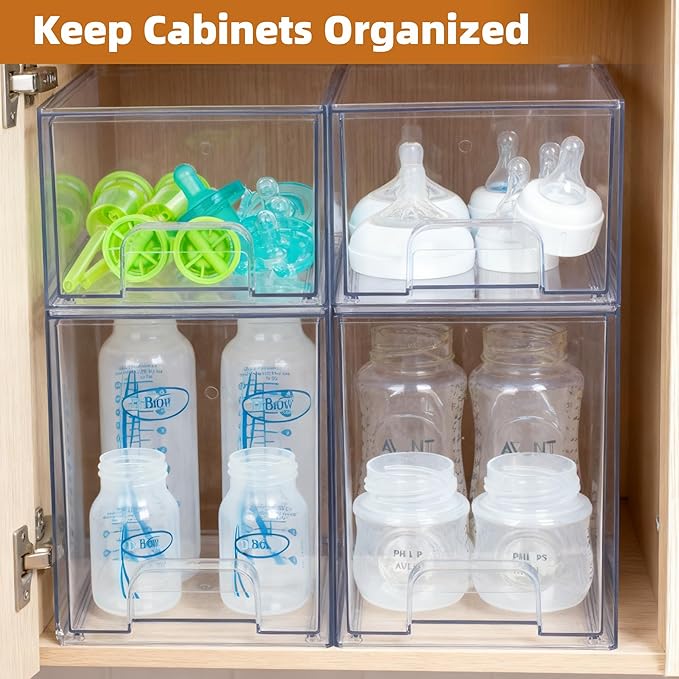 Baby Bottle Organizer, Stackable Storage Drawers with Label, Clear Station Organizers Container for Pacifiers, Pump Parts, Desk Organizer Bins for Bathroom, Cabinet, Pantry, Vanity, Countertop, 4 Pack - Image 6