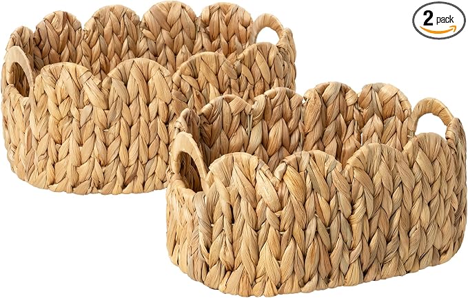 StorageWorks Scalloped Wicker Basket, Woven Baskets for Storage, Rattan Baskets with Handles, Water Hyacinth Basket for Organizing and Decor, 2 Pack by StorageWorks