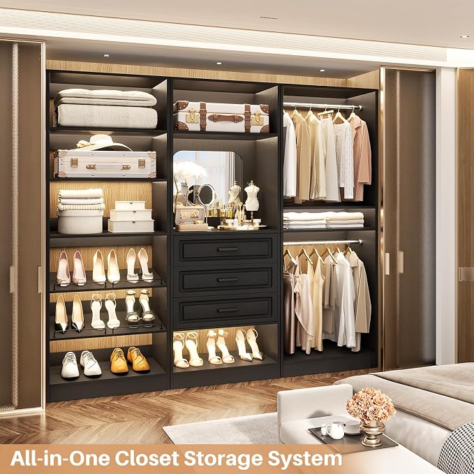 Unikito 75" Modular Closet System with 3 Sets, Mirror & Drawers, Black | Hanging Rods & Adjustable Shelves, Freestanding Wood Wardrobe Garment Rack, Walk in Tower Clothes Storage Organizer Unit - Image 2