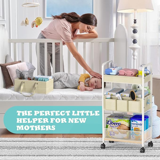 2In1 Baby Diaper Caddy & 3-Tier Rolling Cart, Diaper Caddy Organizer Carts with Dividers, Mobile Metal Utility Cart for Nursery Essentials, Detachable Bedside Cart, Large Capacity, White - Image 4