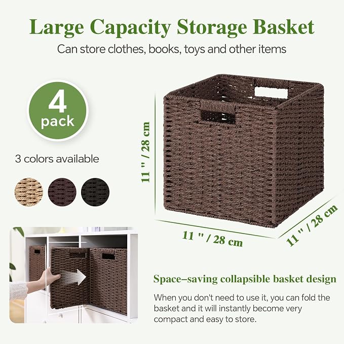 Patvingot 11-Inch Paper Rope Wicker Basket with Built-In Handles,4 Pack | For books, throws and accessories on open shelves, decorative woven texture, metal frame supports the shape, folds flat - Image 2
