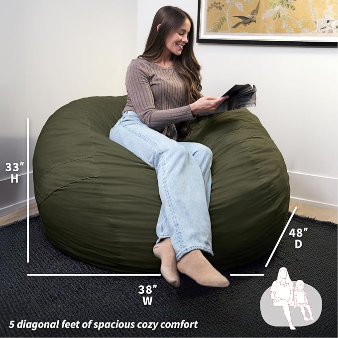 Big Joe Fuf 5Ft Oversized Foam Bean Bag Chair with Removable Cover for Kids, Teens, Adults, Forest Green Velveteen, Durable Woven Polyester, 5 Foot Large Reading and Gaming Seat | Premium Shredded Foam Filled, Velveteen, Adult-Sized Comfortable Seating... - Image 3