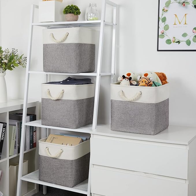 Temary Fabric Baskets 12 Inch Storage Cubes Basket with Handle, Clothes Baskets for Gift, Large Bins for Organizing Books, Blankets (White&Gray) - Image 5