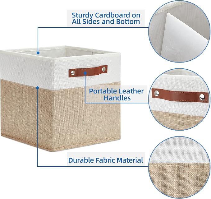 Temary Fabric Storage Cubes Bins, 11 inch Cube Storage Baskets, Foldable Cube Bins Set with Handles, Decorative Storage Boxes for Home Organizing (White & Khaki, 11 x 11 x 11) - Image 3
