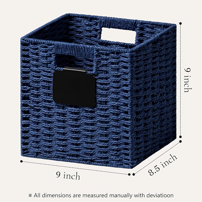 UBBCARE 4 Pack Small Wicker Basket, 9×9 Storage Cubes with Label, Foldable Cube Storage Bin with Handle, Square Storage Basket for Shelves, Woven Paper Rope Basket for Organizing, Navy Blue - Image 2