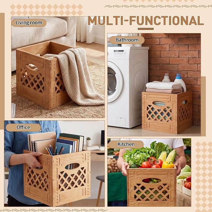 2 Pack Wooden Milk Crate, 11 x 11 x 11 Inch Stackable Rustic Wood Storage Crate with Handles, Decorative Farmhouse Basket Organizer for Home, Kitchen, Office - Image 7