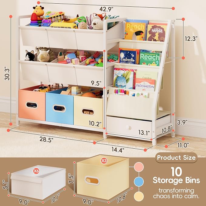 Toy Storage Organizer - Kids Bookshelf with 3 Shelf and 10 Storage Bins | Montessori Playroom Storage for Toddler, Baby, book shelf for kids rooms - Image 2