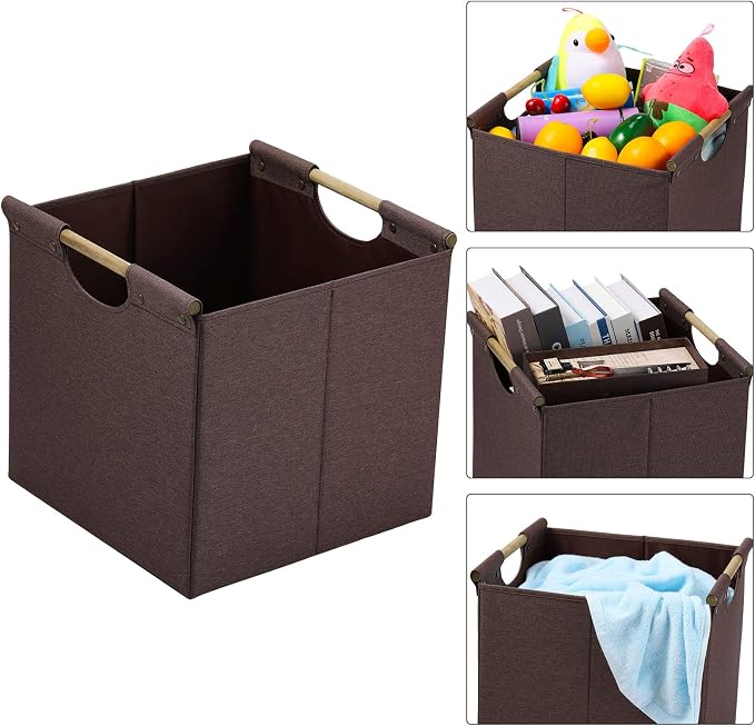 HOONEX Collapsible Storage Bins, 12x12x12in Storage Cubes Linen Fabric, Pack of 3, Storage Baskets with Wooden Carry Handles and Sturdy Heavy Cardboard, for Home, Office, Car, Nursery, Brown - Image 2