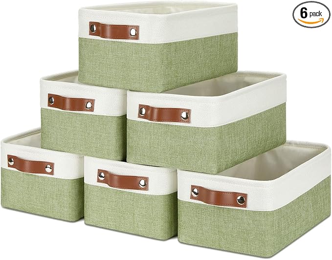 DULLEMELO Storage Baskets for Shelves, Small Fabric Collapsible Rectangular Storage Baskets for Organizing, Closets, Nursery, Home, Office, Empty Gift Baskets (6-Pack, White&Green) by DULLEMELO
