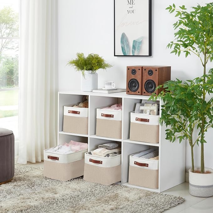 DECOMOMO Storage Bins, Large Fabric Storage Baskets for Shelves 1 Pack | 15 x 11 x 9.5 inches Decorative Linen Closet Organizers (Beige & White) - Image 5