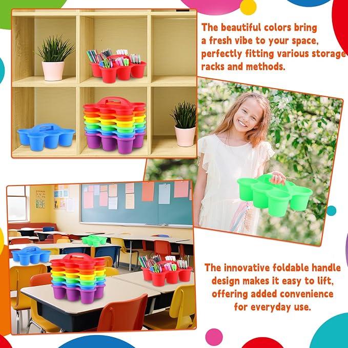 12 Pack Classroom Caddy Organizer with Handle Colorful Plastic Table Caddy Drink Cup Caddies Holder 12×9×3.5 Inch Storage School Supplies 6 Compartments for Table Crayon Pencil Cup Marker Craft - Image 6