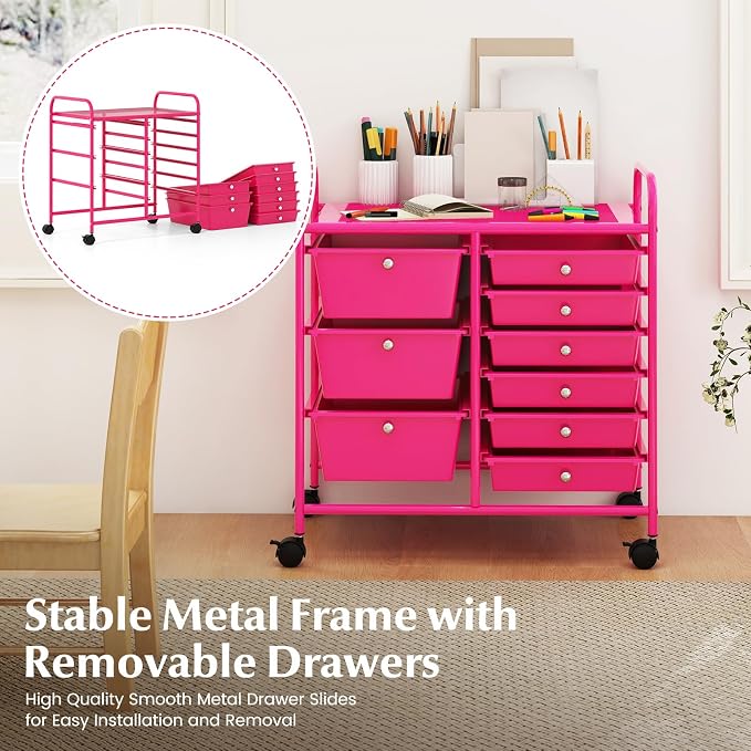 Moccha 9-Drawer Rolling Storage Cart - Under Desk Storage Drawers with wheels for Craft Art Supply Paper Salon, Scrapbook Paper Tools, Mobile Utility Cart for Classroom, Hot Pink - Image 5