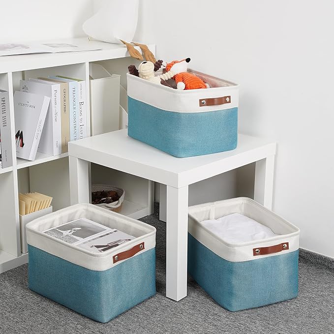DULLEMELO Storage Baskets for Shelves, Fabric Collapsible Rectangular Storage Bins for Shelves, Closets, Nursery, Home, Empty Gift Baskets (3-Pack Medium-15 inch X 11 inch X 9.5 inch , White&Teal) - Image 5