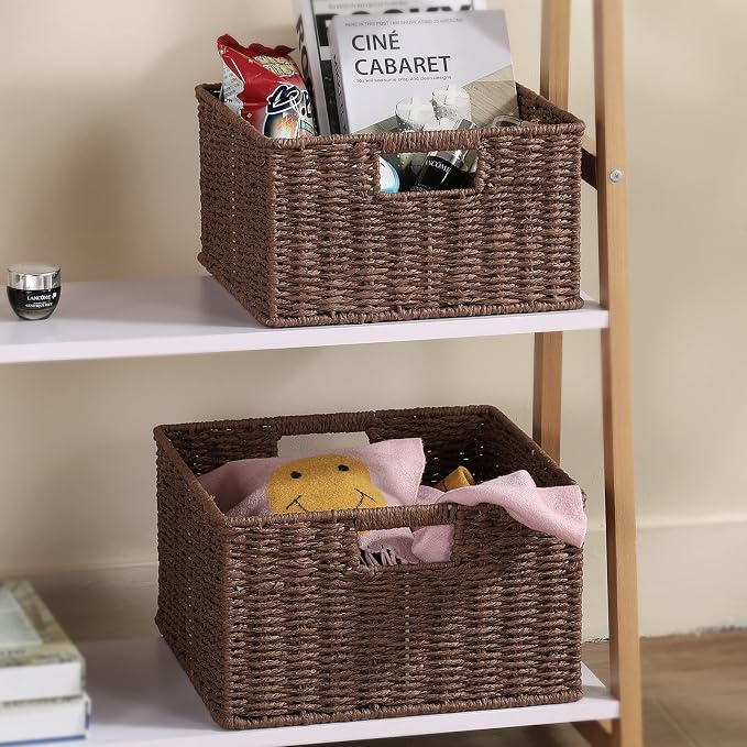 HOONEX Storage Baskets for Organizing, Decorative Round Paper Rope Woven Baskets for Storage with Carrying Handles, Set of 2, Dark Brown - Image 2
